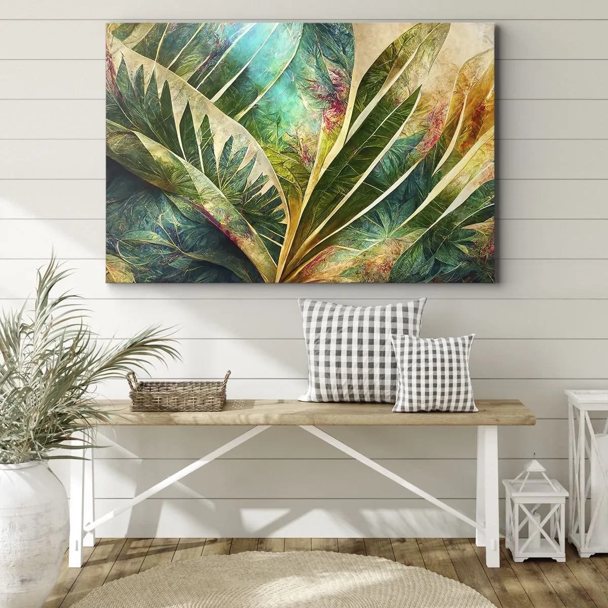 Bild auf Leinwand - Leinwandbild - Bunte tropische Blätter auf hellem Hintergrund - 70x50cm - Farben der Tropen - Moderne Wanddekoration für Wohnzimmer und Schlafzimmer ARTTOR