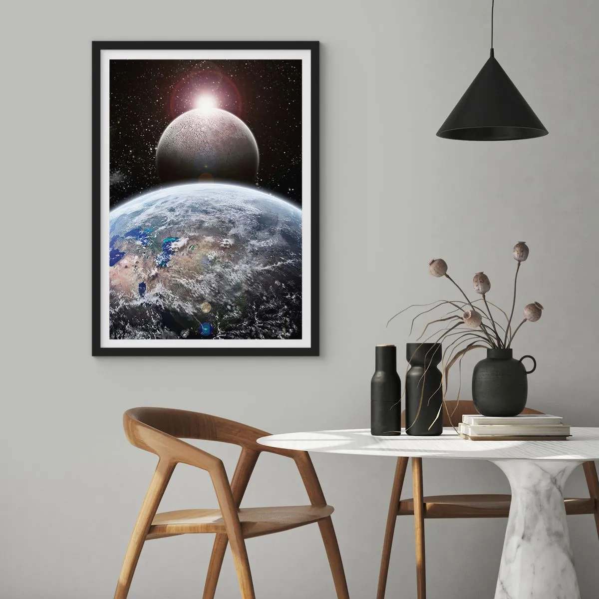 Poster in einem schwarzem Rahmen - Weltraumlandschaft - Sonnenaufgang - 70x100 cm
