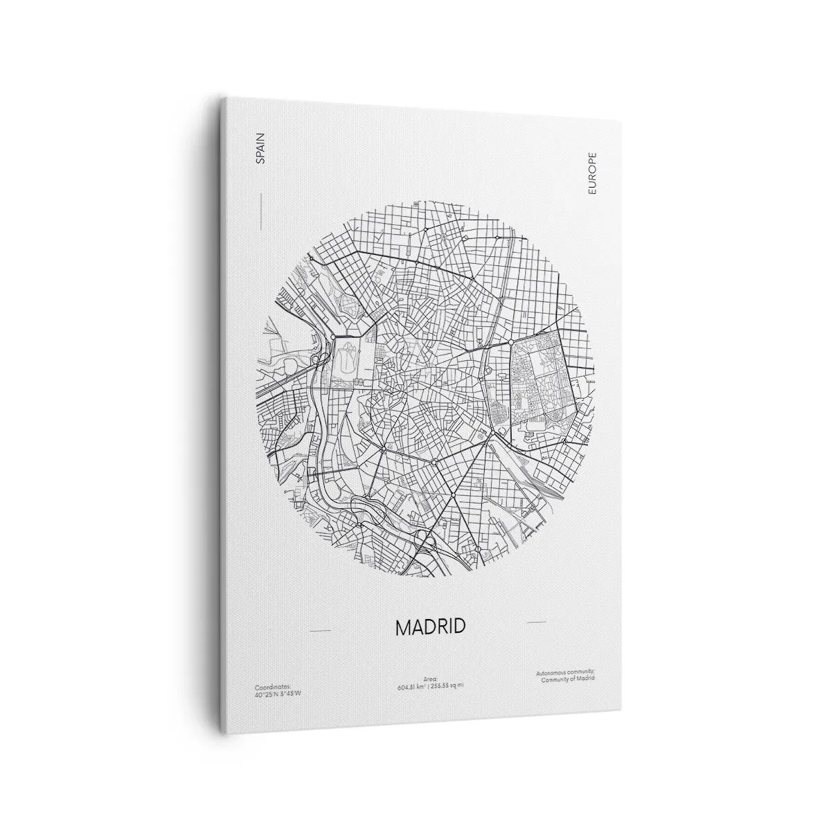 Bild auf Leinwand - Leinwandbild - Karte von Madrid im minimalistischen Schwarz-Weiß-Stil - 50x70cm - Anatomie von Madrid - Moderne Wanddekoration für Wohnzimmer und Schlafzimmer ARTTOR