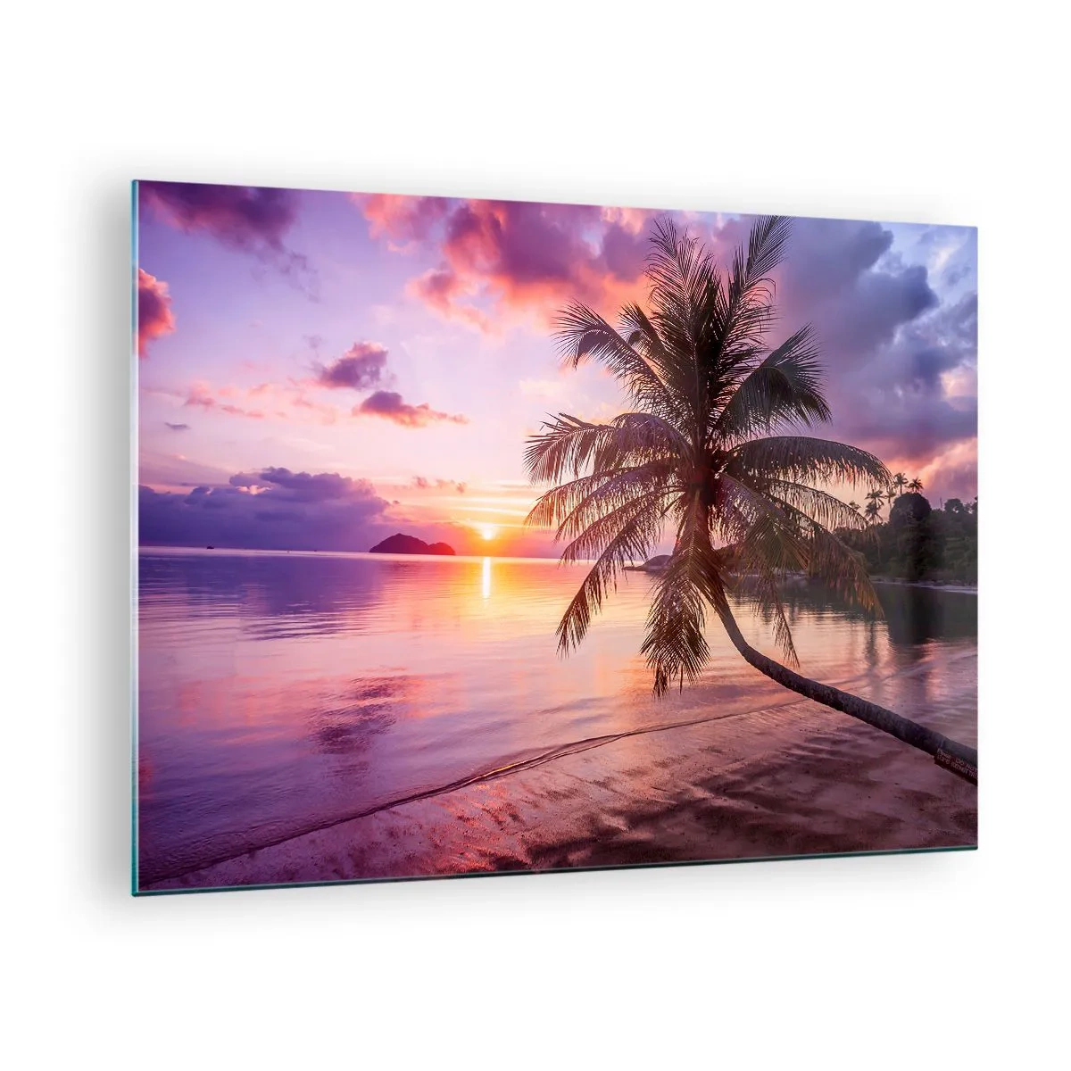 Glasbild - Bild auf glas - Exotischer Strand mit Palme bei Sonnenuntergang - 70x50cm - Behaglichkeit bis zum Horizont - Moderne Wanddekoration für Wohnzimmer und Schlafzimmer ARTTOR
