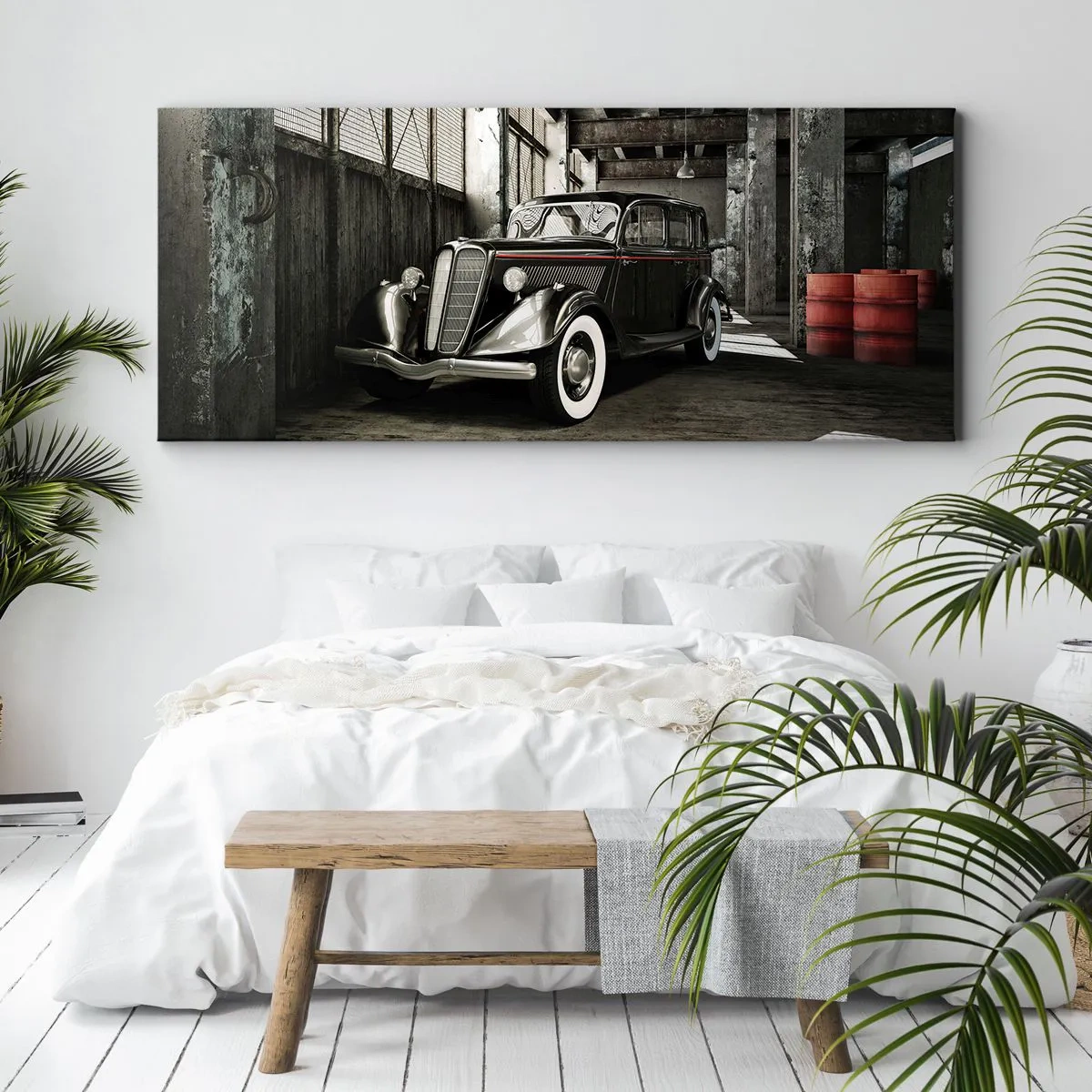 Bild auf Leinwand - Leinwandbild - Stilvolles Retro-Auto in einem Rohlager - 160x50cm - Die ewige Eleganz der 1930er Jahre - Moderne Wanddekoration für Wohnzimmer und Schlafzimmer ARTTOR