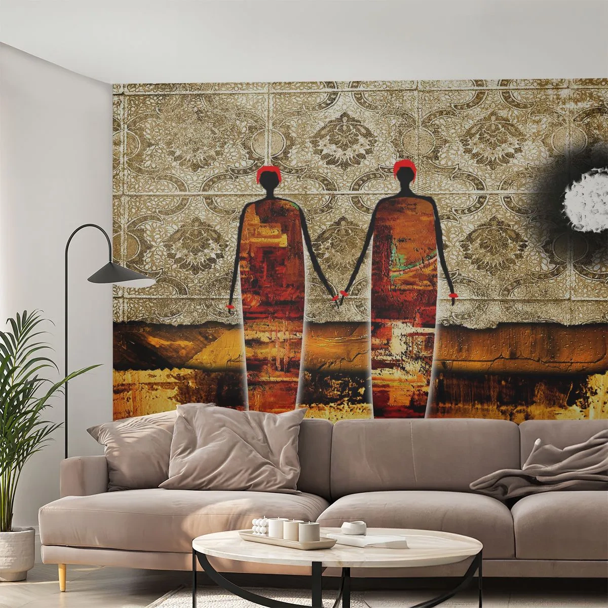 Fototapete Premium Sand - Abstrakte Figuren vor einem Hintergrund aus goldenen Mustern und Texturen - 100x70cm - Ethnische Zusammensetzung in den Farben Afrikas - Moderne Wanddekoration für Wohnzimmer und Schlafzimmer ARTTOR
