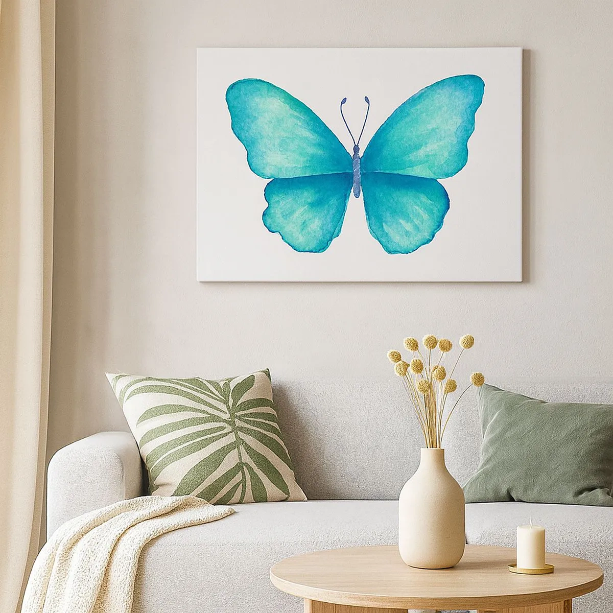 Bild auf Leinwand - Leinwandbild - Blauer Schmetterling im Aquarellstil auf weißem Hintergrund - 70x50cm - Türkis von Natur aus - Moderne Wanddekoration für Wohnzimmer und Schlafzimmer ARTTOR