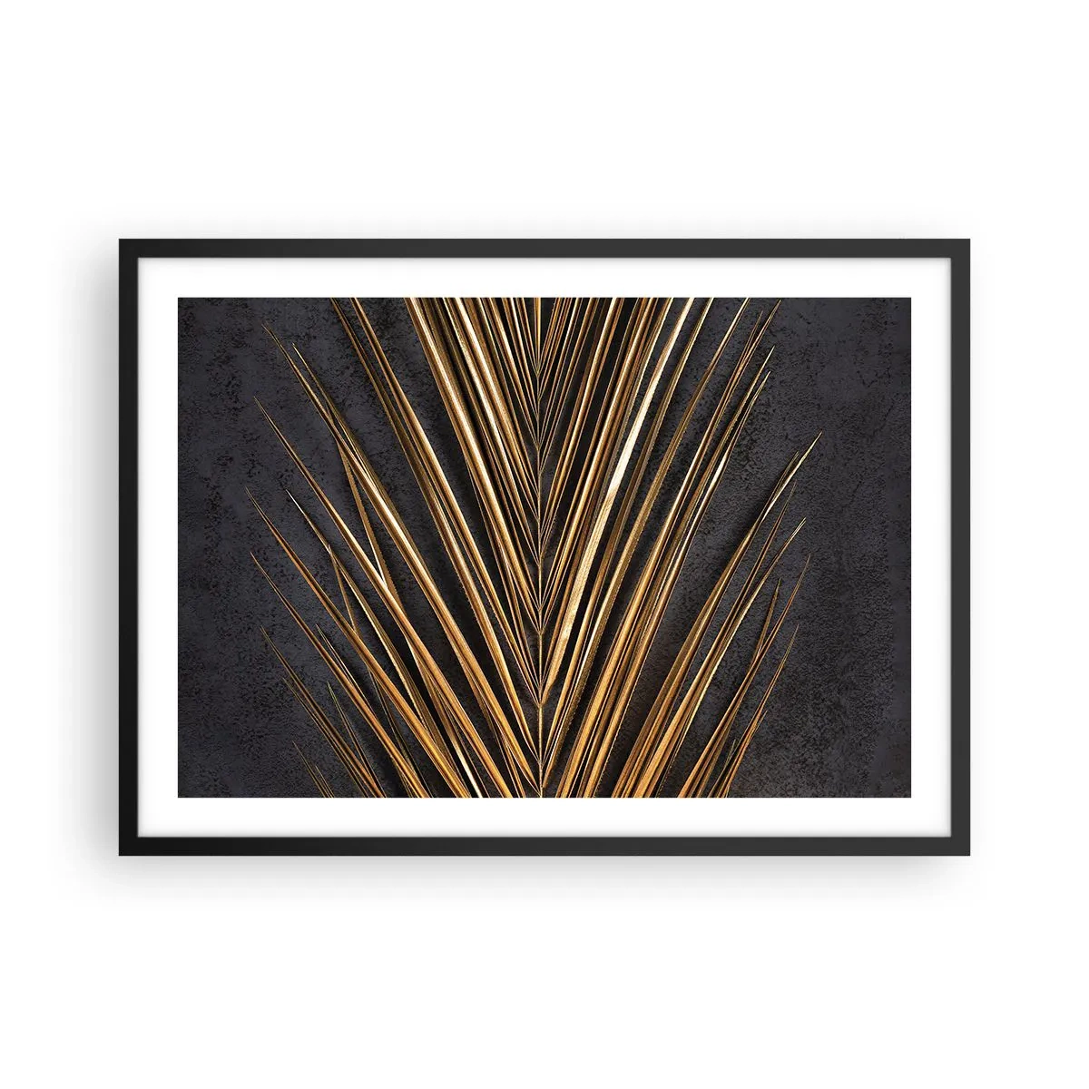 Poster in einem schwarzem Rahmen - Goldenes tropisches Blatt auf schwarzem Hintergrund - 70x50cm - Das Gold der Tropen - Moderne Wanddekoration für Wohnzimmer und Schlafzimmer ARTTOR