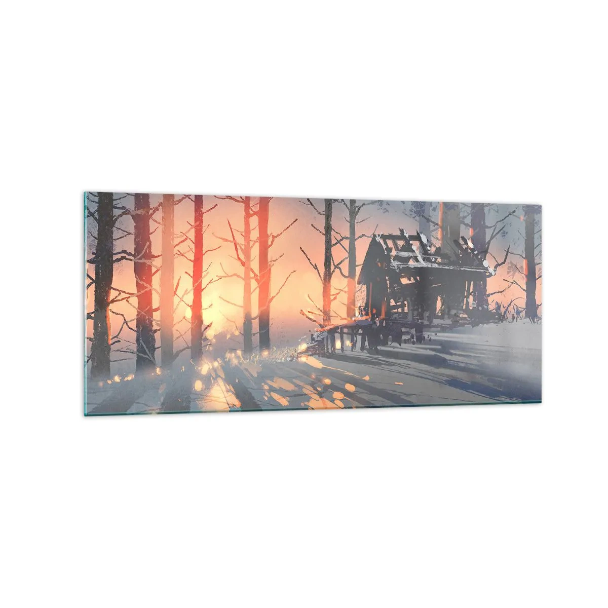 Glasbild - Bild auf glas - Ein Waldhäuschen in einer Winterlandschaft mit den Strahlen der untergehenden Sonne - 120x50cm - Hier sieht nur die Sonne rein - Moderne Wanddekoration für Wohnzimmer und Schlafzimmer ARTTOR