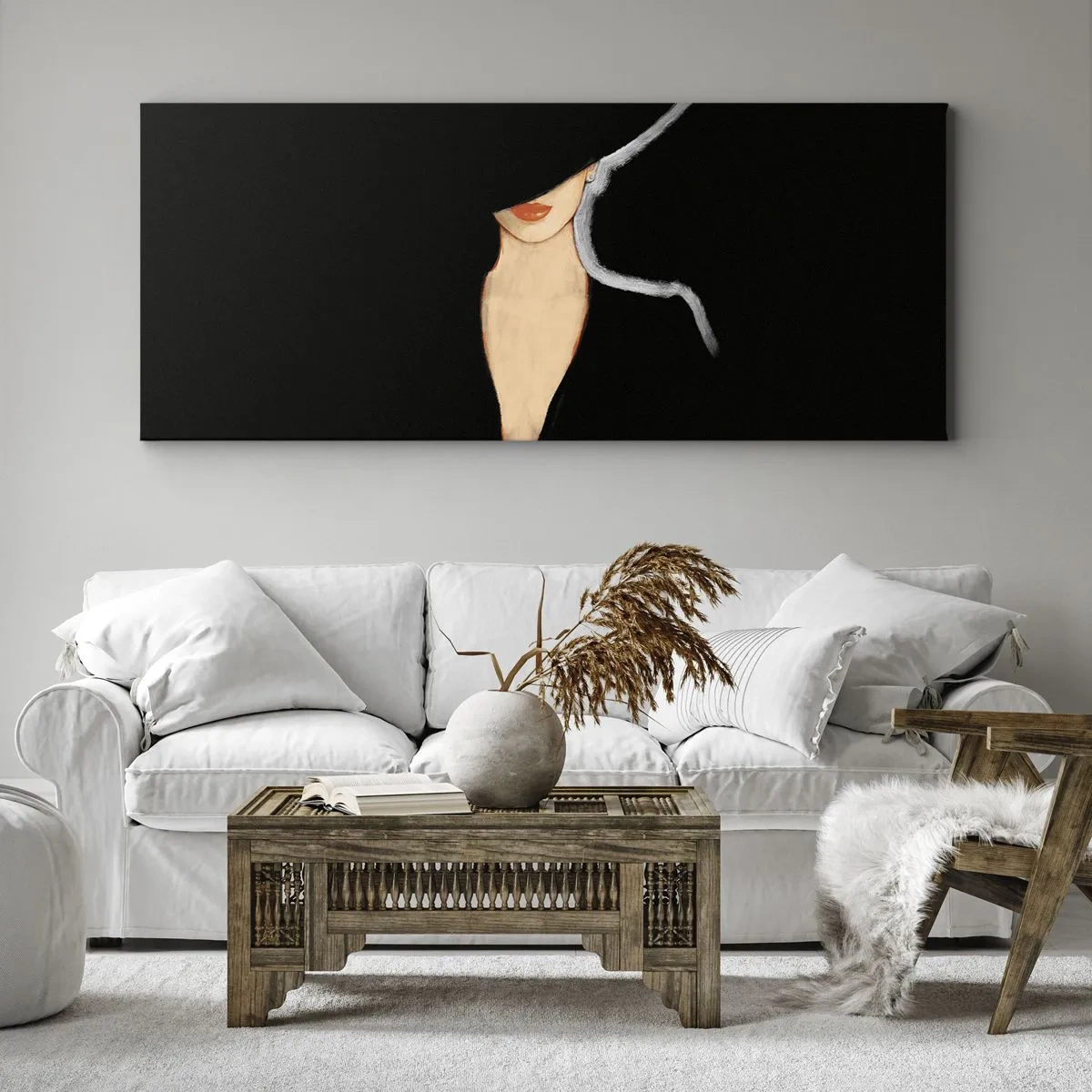Bild auf Leinwand - Leinwandbild - Silhouette einer Frau mit Hut auf schwarzem Hintergrund - 120x50cm - Eleganz und Stil - Moderne Wanddekoration für Wohnzimmer und Schlafzimmer ARTTOR