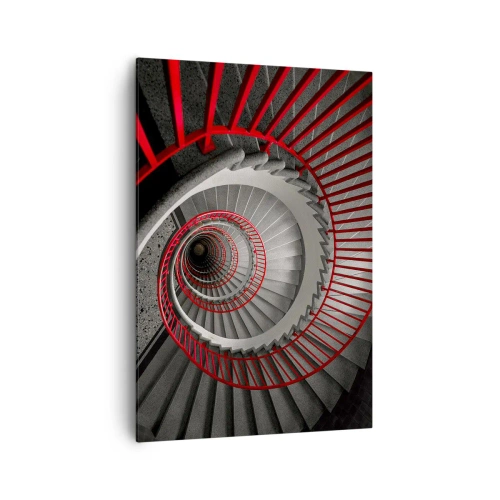 Bild auf Leinwand - Leinwandbild - Wendeltreppe mit roten Handläufen in dynamischer Perspektive - 70x100cm - Architekturspaß - Moderne Wanddekoration für Wohnzimmer und Schlafzimmer ARTTOR