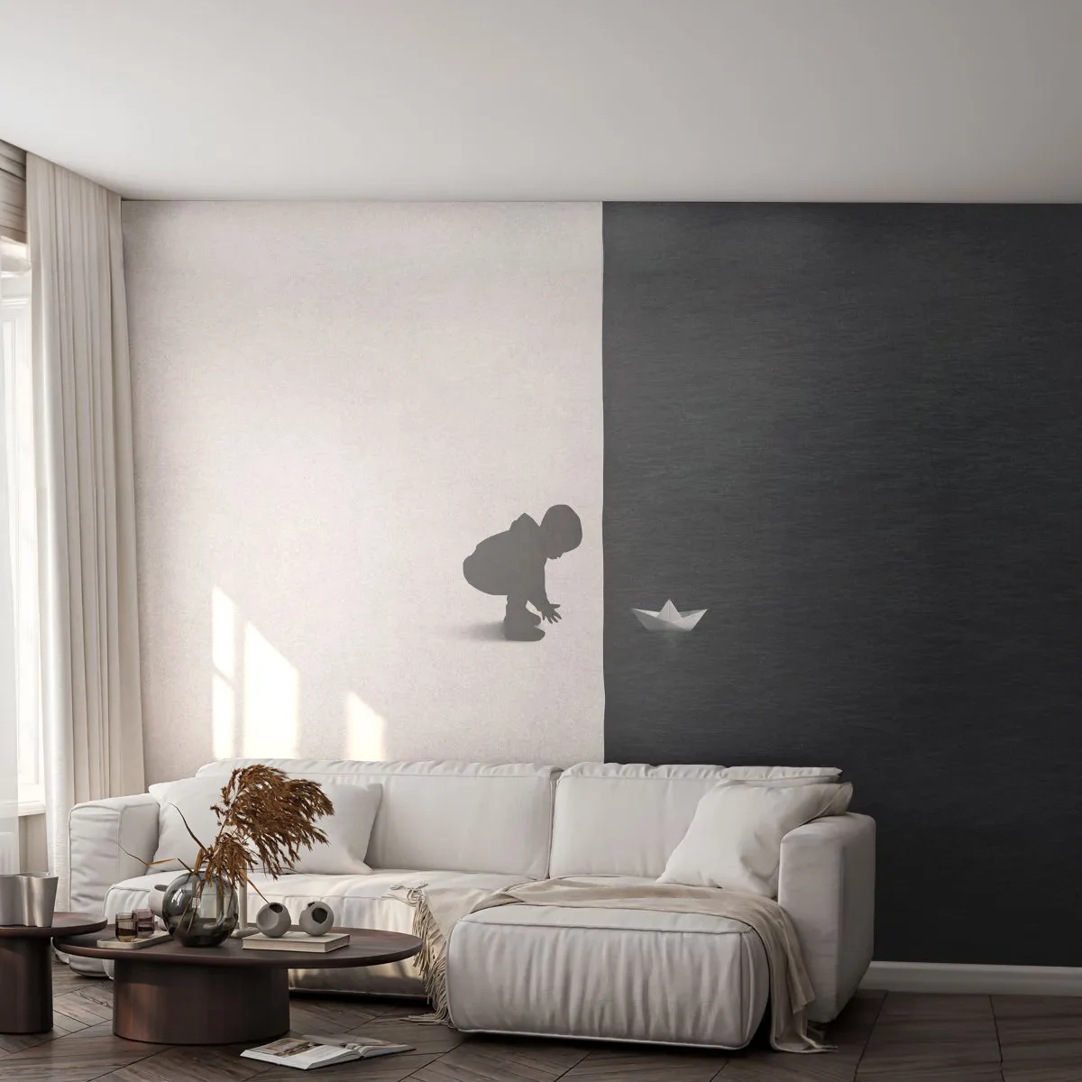 Fototapete Premium Canvas - Tolle Expedition - Kind, Schwarz und weiß, Wasser - 250x175 cm