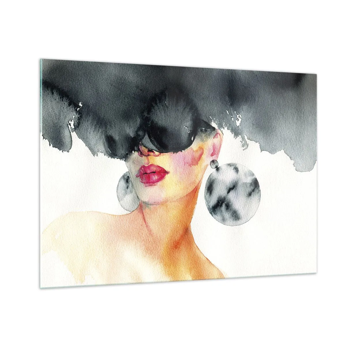 Glasbild - Bild auf glas - Porträt einer Frau mit großen Ohrringen und einem schwarzen Fleck über dem Kopf - 100x70cm - Das Geheimnis der Eleganz - Moderne Wanddekoration für Wohnzimmer und Schlafzimmer ARTTOR