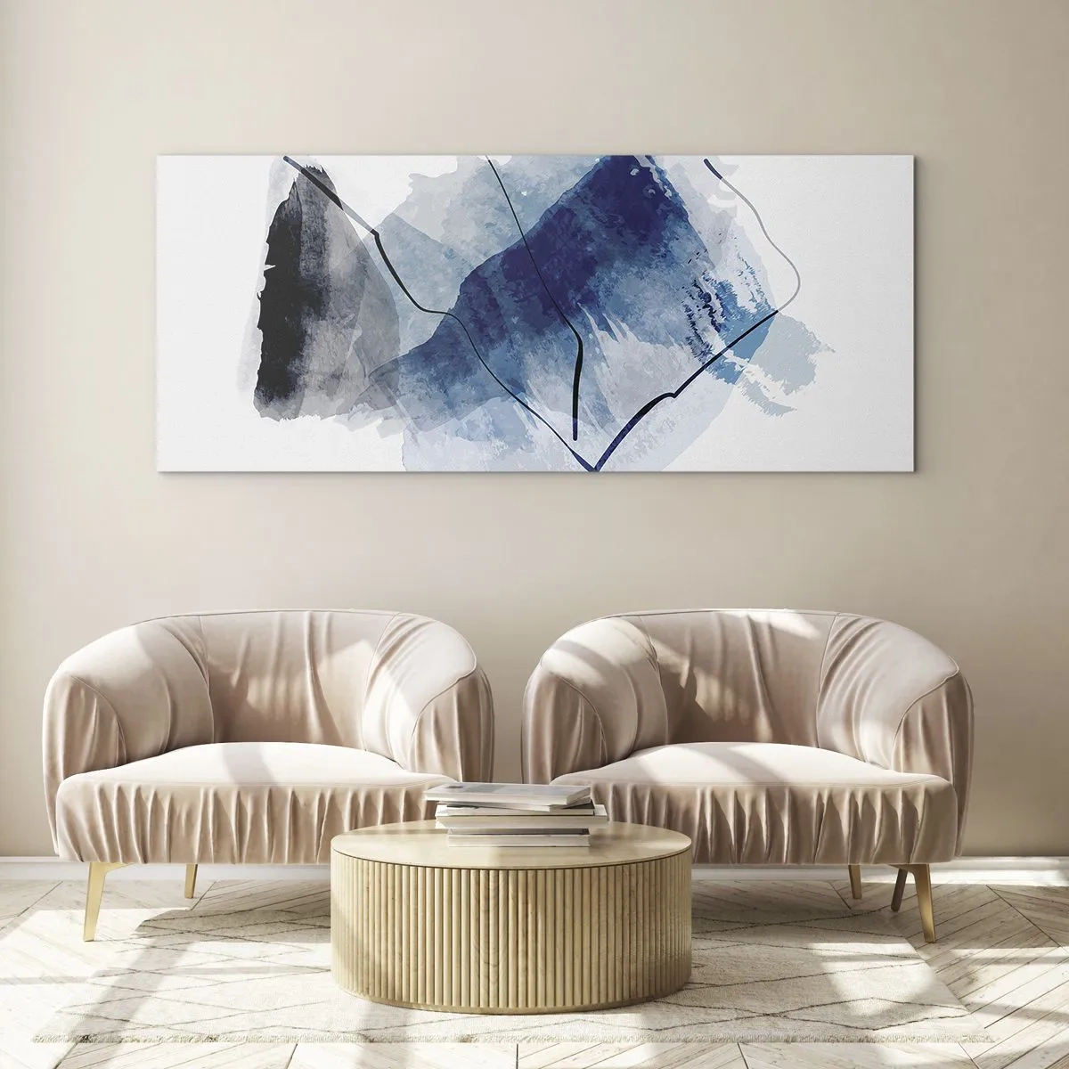 Glasbild - Bild auf glas - Abstrakte Formen in Blautönen mit zarten Linien - 140x50cm - Eisberg - Moderne Wanddekoration für Wohnzimmer und Schlafzimmer ARTTOR