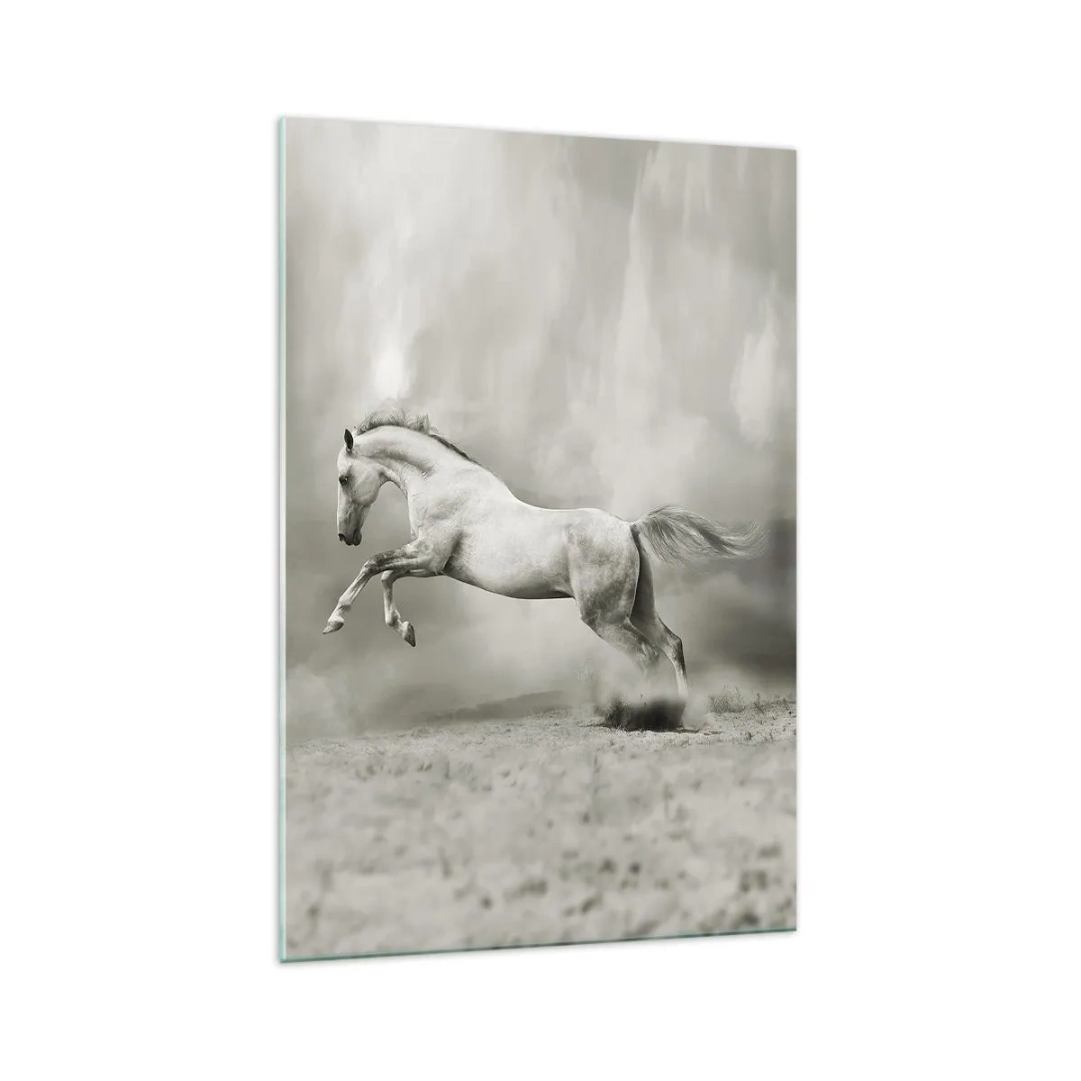 Glasbild - Bild auf glas - Ein weißes Pferd in einem dynamischen Sprung vor dem Hintergrund nebliger Wolken. - 70x100cm - Zwischen Aufwachen und Schlafen - Moderne Wanddekoration für Wohnzimmer und Schlafzimmer ARTTOR
