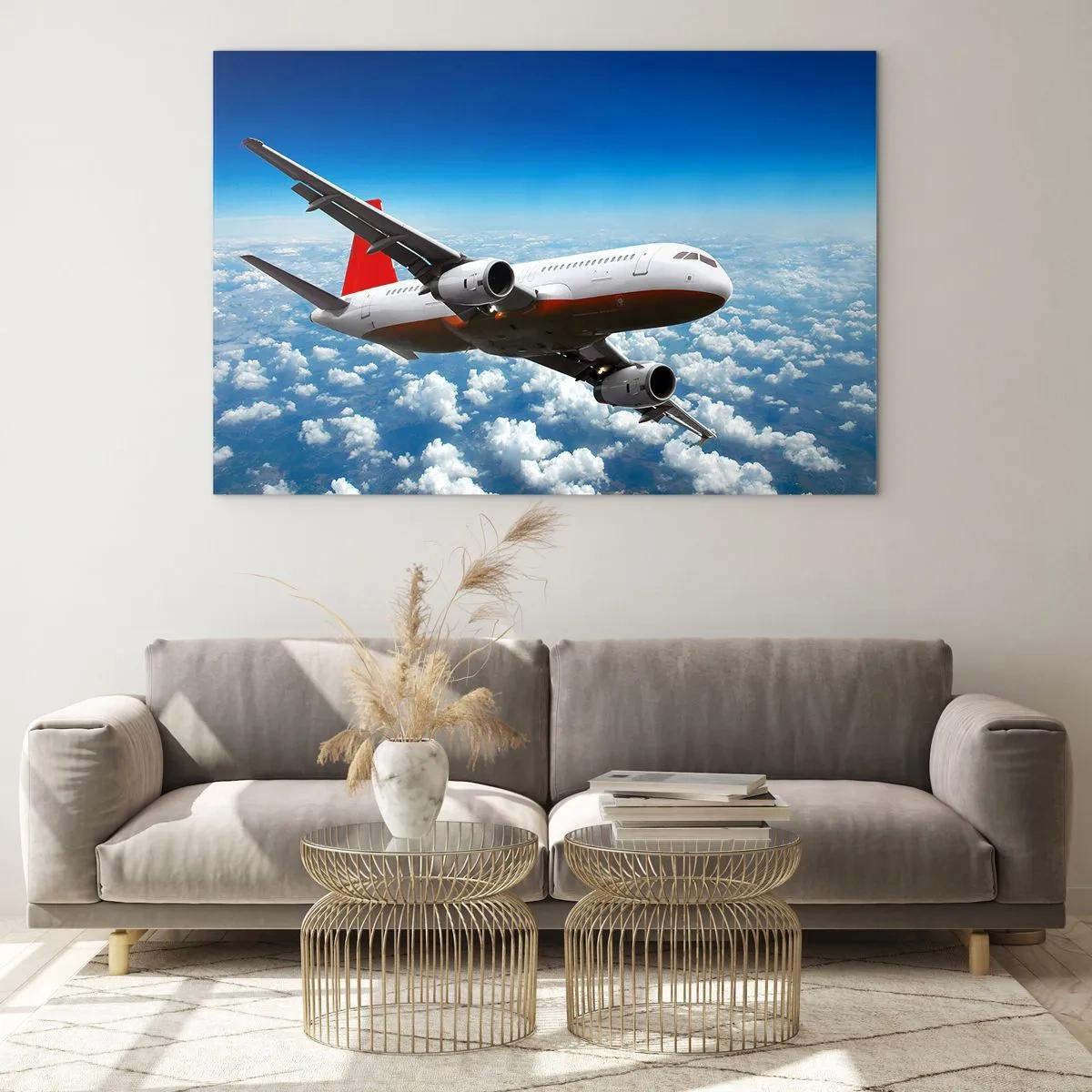 Glasbild - Bild auf glas - Ein Passagierflugzeug fliegt über den Wolken vor blauem Himmel - 120x80cm - Entferne dich von allem - Moderne Wanddekoration für Wohnzimmer und Schlafzimmer ARTTOR