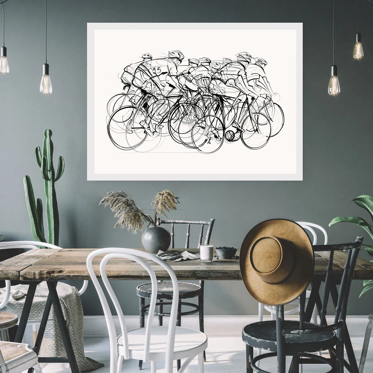 Poster - Eine Gruppe von Radfahrern in Bewegung im minimalistischen Stil - 100x70cm - Gemeinsam als Team - Moderne Wanddekoration für Wohnzimmer und Schlafzimmer ARTTOR