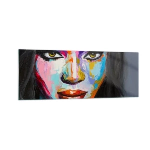 Glasbild - Bild auf glas - Ein farbenfrohes Porträt einer Frau mit intensivem Blick - 140x50cm - Es ist unmöglich die Augen abzuwenden - Moderne Wanddekoration für Wohnzimmer und Schlafzimmer ARTTOR