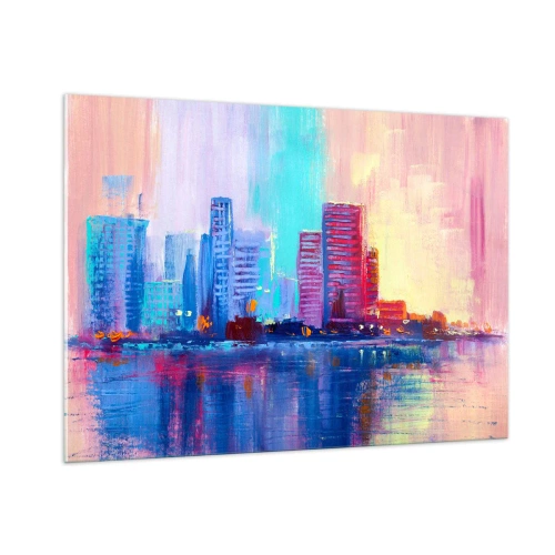 Glasbild - Bild auf glas - Eine moderne Stadt in intensiven Farben, die sich im Wasser spiegelt - 100x70cm - In Farben getaucht - Moderne Wanddekoration für Wohnzimmer und Schlafzimmer ARTTOR