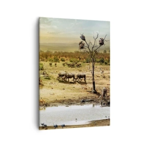 Bild auf Leinwand - Leinwandbild - Elefanten und Wildtiere an einer Wasserstelle bei Sonnenuntergang - 50x70cm - Ein Fluss floss aus Eden ... - Moderne Wanddekoration für Wohnzimmer und Schlafzimmer ARTTOR