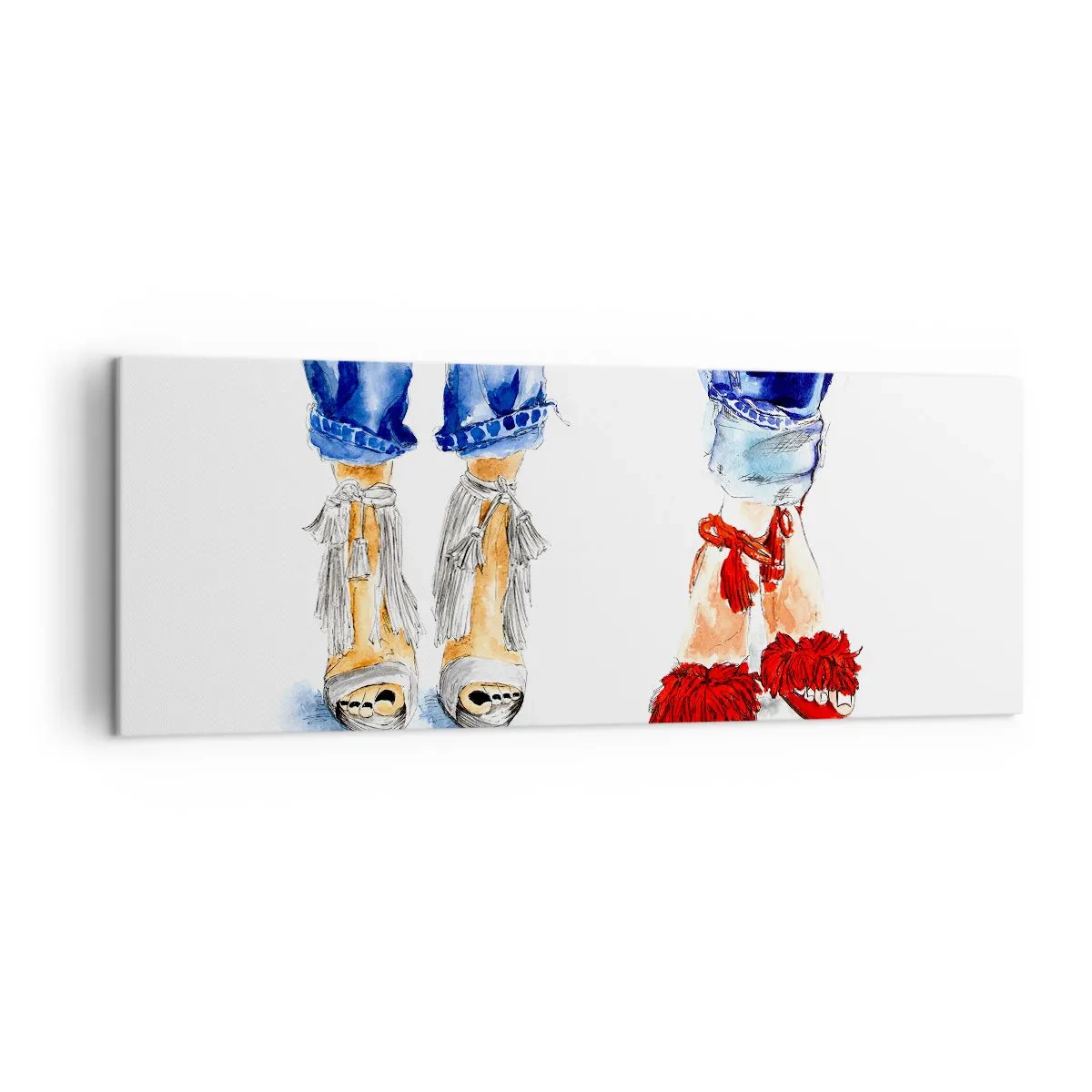 Bild auf Leinwand - Leinwandbild - Abbildung von zwei Paar Schuhen in stylischen Sandalen und Jeans - 140x50cm - Vielleicht gehen wir spazieren? - Moderne Wanddekoration für Wohnzimmer und Schlafzimmer ARTTOR