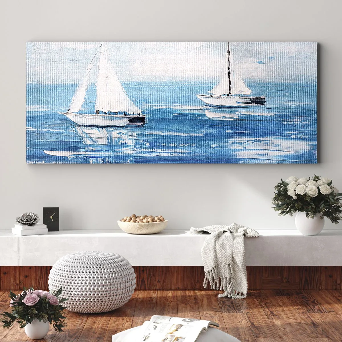 Bild auf Leinwand - Leinwandbild - Yachten auf dem blauen Meer im künstlerischen Stil - 160x50cm - Mit Freund an der Seite - Moderne Wanddekoration für Wohnzimmer und Schlafzimmer ARTTOR