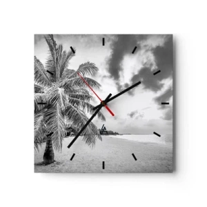 Wanduhr - Glasuhr - Schwarz-weiße Palme an einem leeren Strand mit Wolken - 30x30cm - Wenn du dich nach Einsamkeit sehnst ... - Moderne Wanddekoration für Wohnzimmer und Schlafzimmer ARTTOR