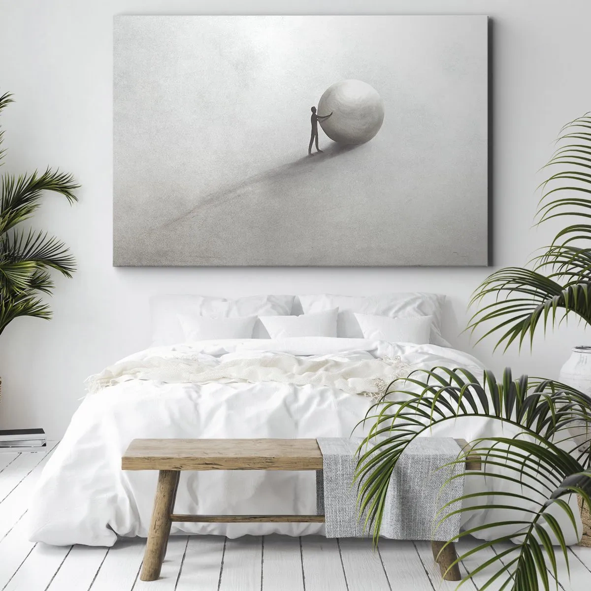 Bild auf Leinwand - Leinwandbild - Eine minimalistische Figur mit einem Ball auf einem hellen, monochromen Hintergrund. - 100x70cm - Das Spiel des Lebens - Moderne Wanddekoration für Wohnzimmer und Schlafzimmer ARTTOR