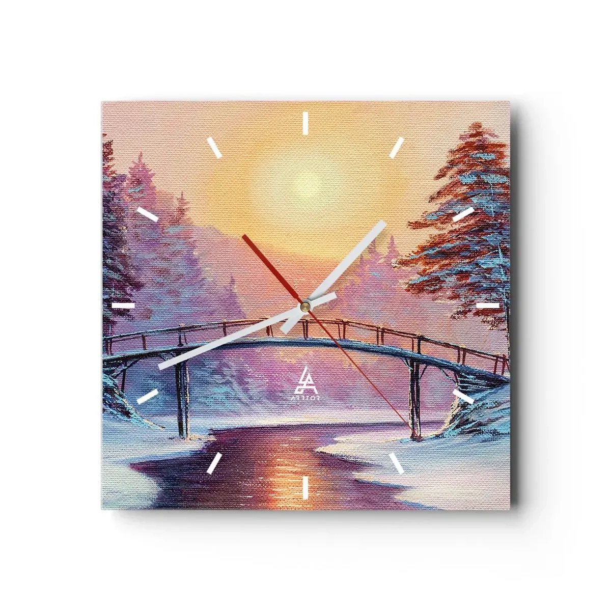 Wanduhr - Glasuhr - Winterlandschaft mit einer vom Sonnenuntergang beleuchteten Brücke - 30x30cm - Vier Jahreszeiten - Winter - Moderne Wanddekoration für Wohnzimmer und Schlafzimmer ARTTOR