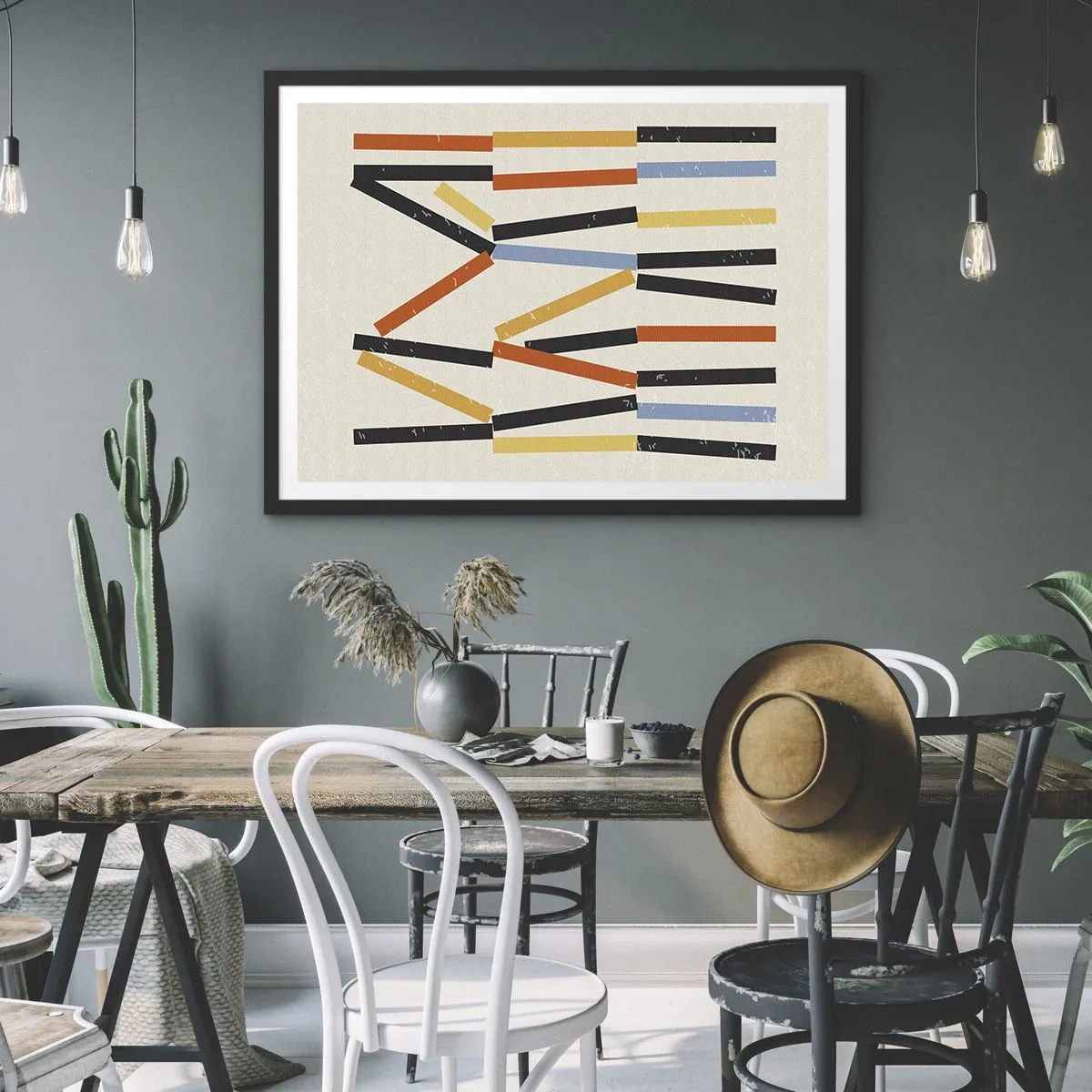 Poster in einem schwarzem Rahmen - Abstrakte Komposition mit farbigen und schwarzen Rechtecken in horizontaler Anordnung - 70x50cm - Komposition auf der Ebene - Moderne Wanddekoration für Wohnzimmer und Schlafzimmer ARTTOR