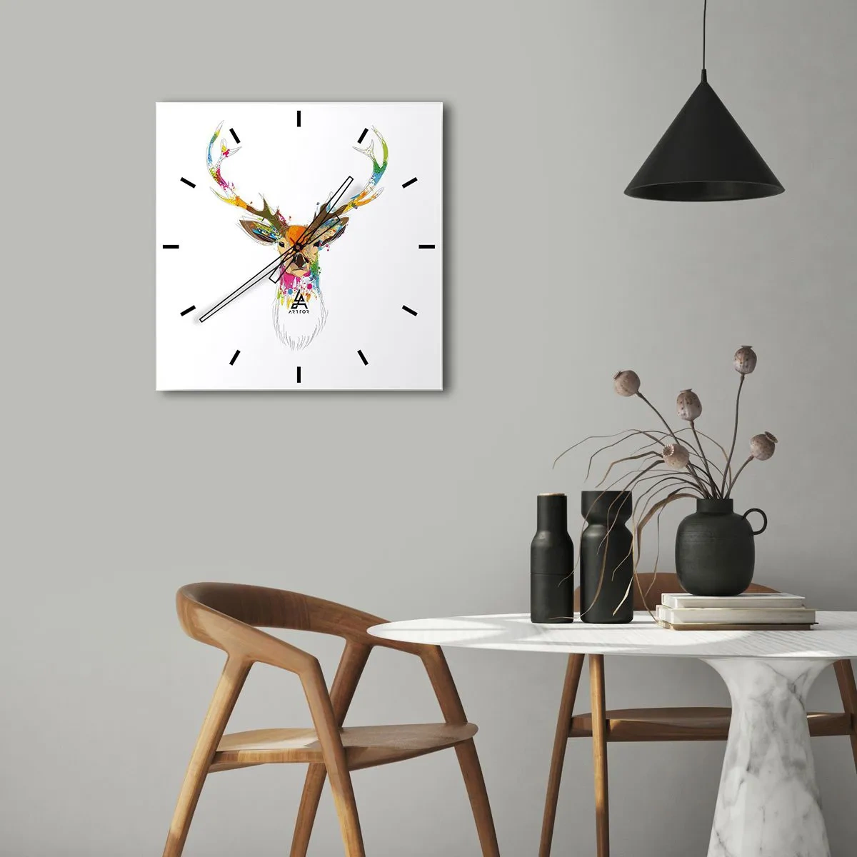 Wanduhr - Glasuhr - Bunter Hirschkopf im künstlerischen Stil - 30x30cm - Ein mildes Reh in Farbe getaucht - Moderne Wanddekoration für Wohnzimmer und Schlafzimmer ARTTOR