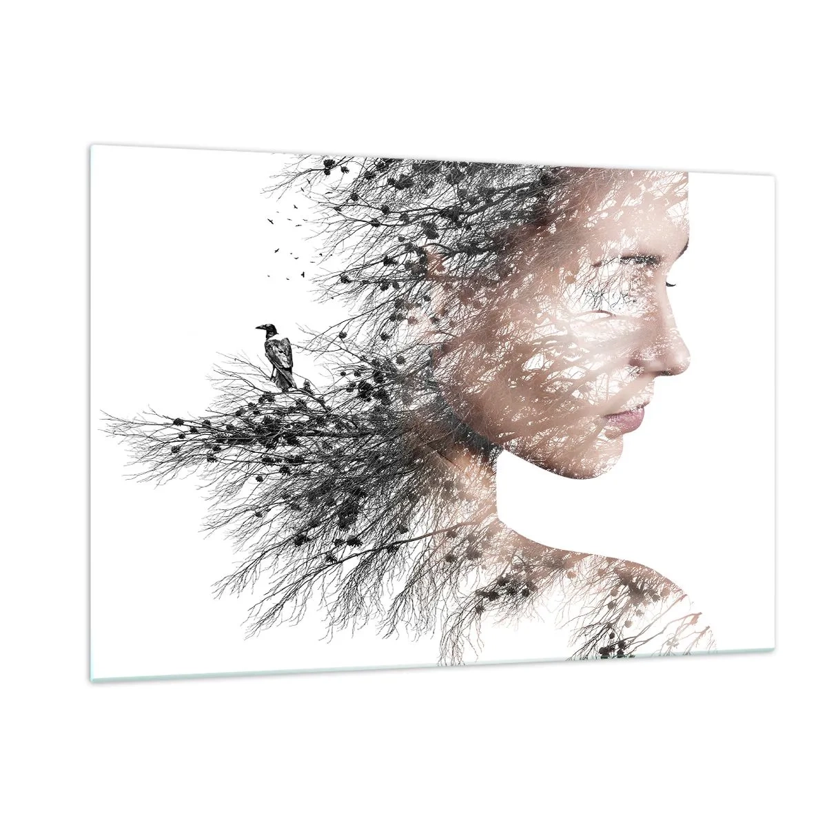 Glasbild - Bild auf glas - Porträt einer Frau mit Zweigen im Hintergrund - 120x80cm - Der Geist des Waldes - Moderne Wanddekoration für Wohnzimmer und Schlafzimmer ARTTOR