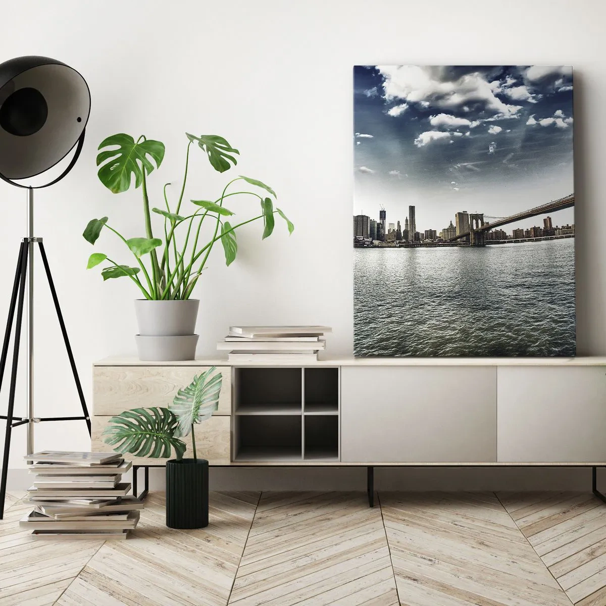 Bild auf Leinwand - Leinwandbild - Panorama der Stadt mit einer Brücke vor dem blauen Himmel - 80x120cm - Glasinsel - Moderne Wanddekoration für Wohnzimmer und Schlafzimmer ARTTOR