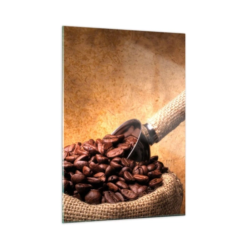 Glasbild - Bild auf glas - Kaffeebohnen in einem Jutebeutel mit einer Metallschaufel - 50x70cm - An der Quelle des Geschmacks - Moderne Wanddekoration für Wohnzimmer und Schlafzimmer ARTTOR