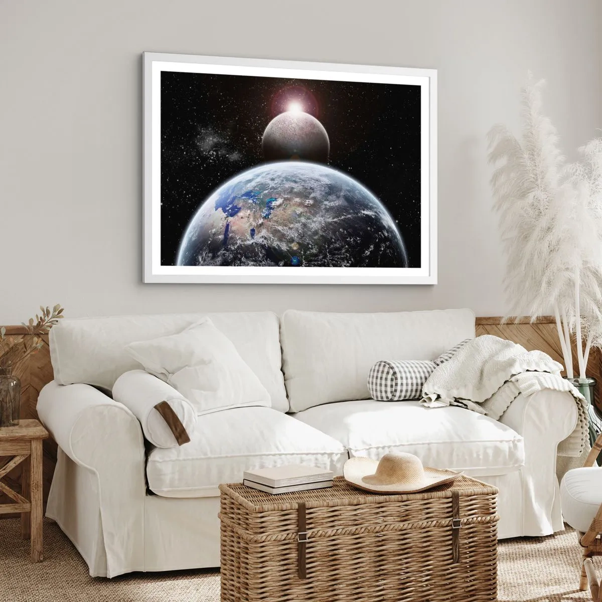 Poster in einem weißen Rahmen - Weltraumlandschaft - Sonnenaufgang - 100x70 cm