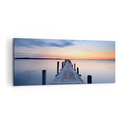 Bild auf Leinwand - Leinwandbild - Holzsteg am See bei Sonnenuntergang - 120x50cm - Die Ruhe einer heiteren Dämmerung - Moderne Wanddekoration für Wohnzimmer und Schlafzimmer ARTTOR