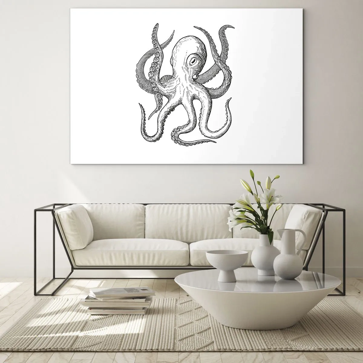 Glasbild - Bild auf glas - Schwarz-weiße Zeichnung eines Oktopus auf weißem Hintergrund - 70x50cm - Mit den Wellen tanzen - Moderne Wanddekoration für Wohnzimmer und Schlafzimmer ARTTOR