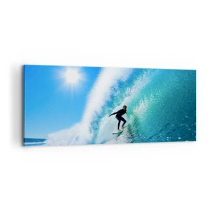 Bild auf Leinwand - Leinwandbild - Ein Surfer auf einem Brett reitet unter blauem Himmel auf einer starken Welle. - 120x50cm - Durch das große Blau - Moderne Wanddekoration für Wohnzimmer und Schlafzimmer ARTTOR