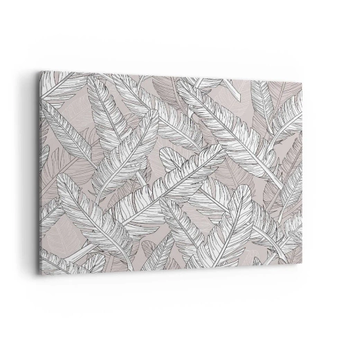 Bild auf Leinwand - Leinwandbild - Schwarz-weißes Muster mit Bananenblättern auf hellem Hintergrund - 120x80cm - Ein Federwirbel - Moderne Wanddekoration für Wohnzimmer und Schlafzimmer ARTTOR