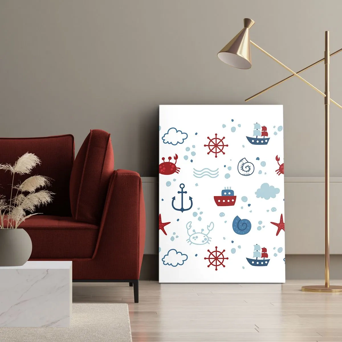 Bild auf Leinwand - Leinwandbild - Nautisches Muster mit Ankern, Schiffen und Krabben - 50x70cm - Märchen vom Meer - Moderne Wanddekoration für Wohnzimmer und Schlafzimmer ARTTOR