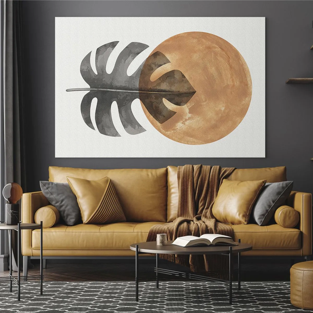 Glasbild - Bild auf glas - Monstera-Blatt und orangefarbener Kreis im Grafikstil auf weißem Hintergrund. - 70x50cm - Immer die Sonne - Moderne Wanddekoration für Wohnzimmer und Schlafzimmer ARTTOR