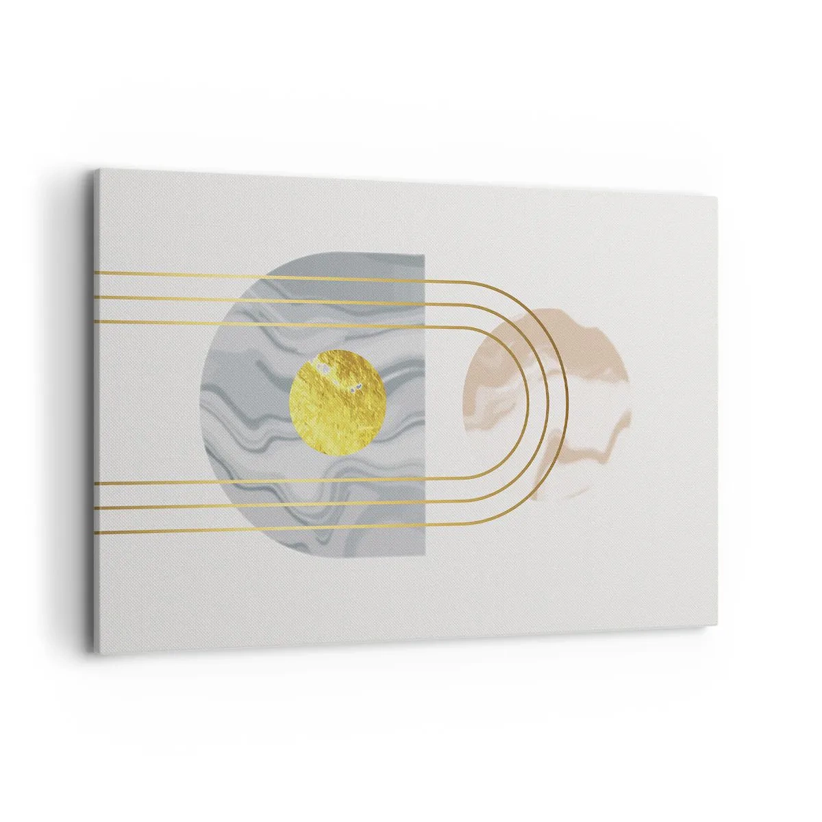 Bild auf Leinwand - Leinwandbild - Abstrakte Komposition mit Kreisen und goldenen Linien auf hellem Hintergrund. - 120x80cm - Helligkeit und Brillanz - Moderne Wanddekoration für Wohnzimmer und Schlafzimmer ARTTOR