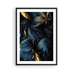 Poster in einem schwarzem Rahmen - Goldene Blätter vor einem tief marineblauen Hintergrund - 50x70cm - Mit Gold gefüttert - Moderne Wanddekoration für Wohnzimmer und Schlafzimmer ARTTOR