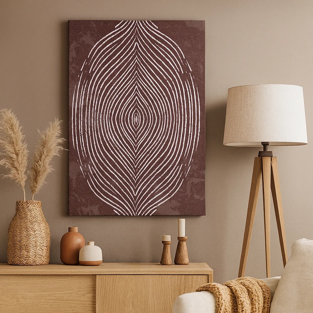Bild auf Leinwand - Leinwandbild - Symmetrische Wellen in weißen Linien auf braunem Hintergrund - 50x70cm - Der Raum spricht - Moderne Wanddekoration für Wohnzimmer und Schlafzimmer ARTTOR