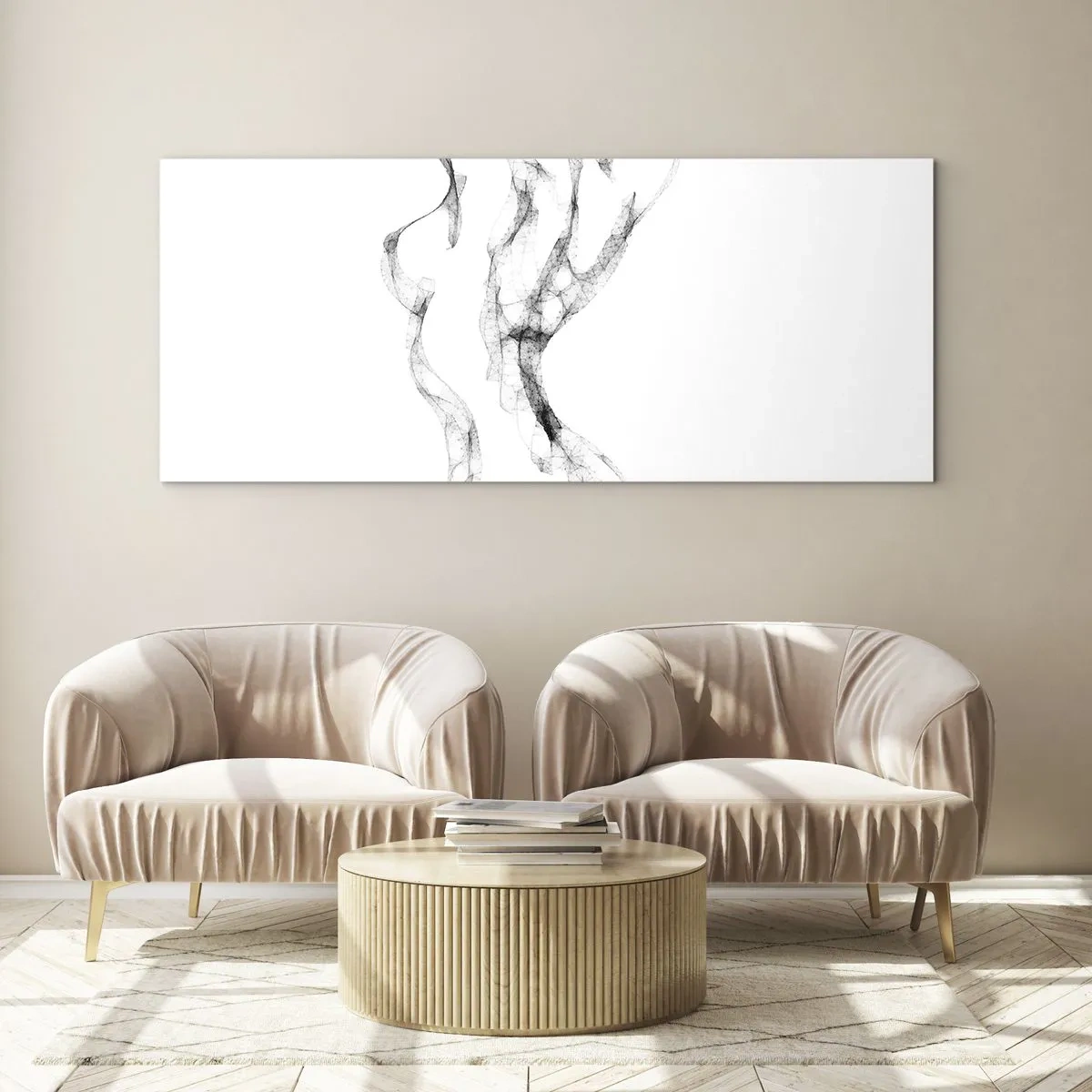 Glasbild - Bild auf glas - Zarte, abstrakte Linien, die Rauchfahnen ähneln, auf hellem Hintergrund - 120x50cm - Schön und stark - Moderne Wanddekoration für Wohnzimmer und Schlafzimmer ARTTOR