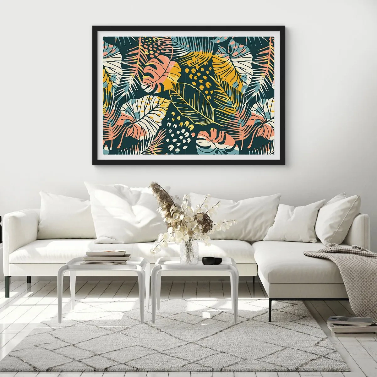 Poster in einem schwarzem Rahmen - Bunte Blätter auf dunklem Hintergrund - 100x70cm - Grüne Fantasie - Moderne Wanddekoration für Wohnzimmer und Schlafzimmer ARTTOR