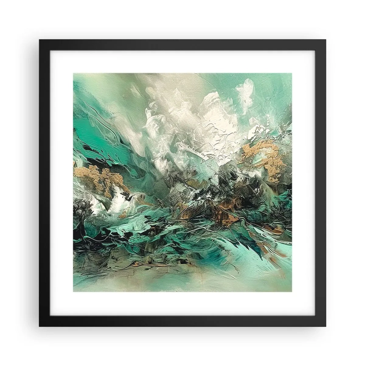 Poster in einem schwarzem Rahmen - Smaragdgrüne und schwarze Brandung - 40x40 cm