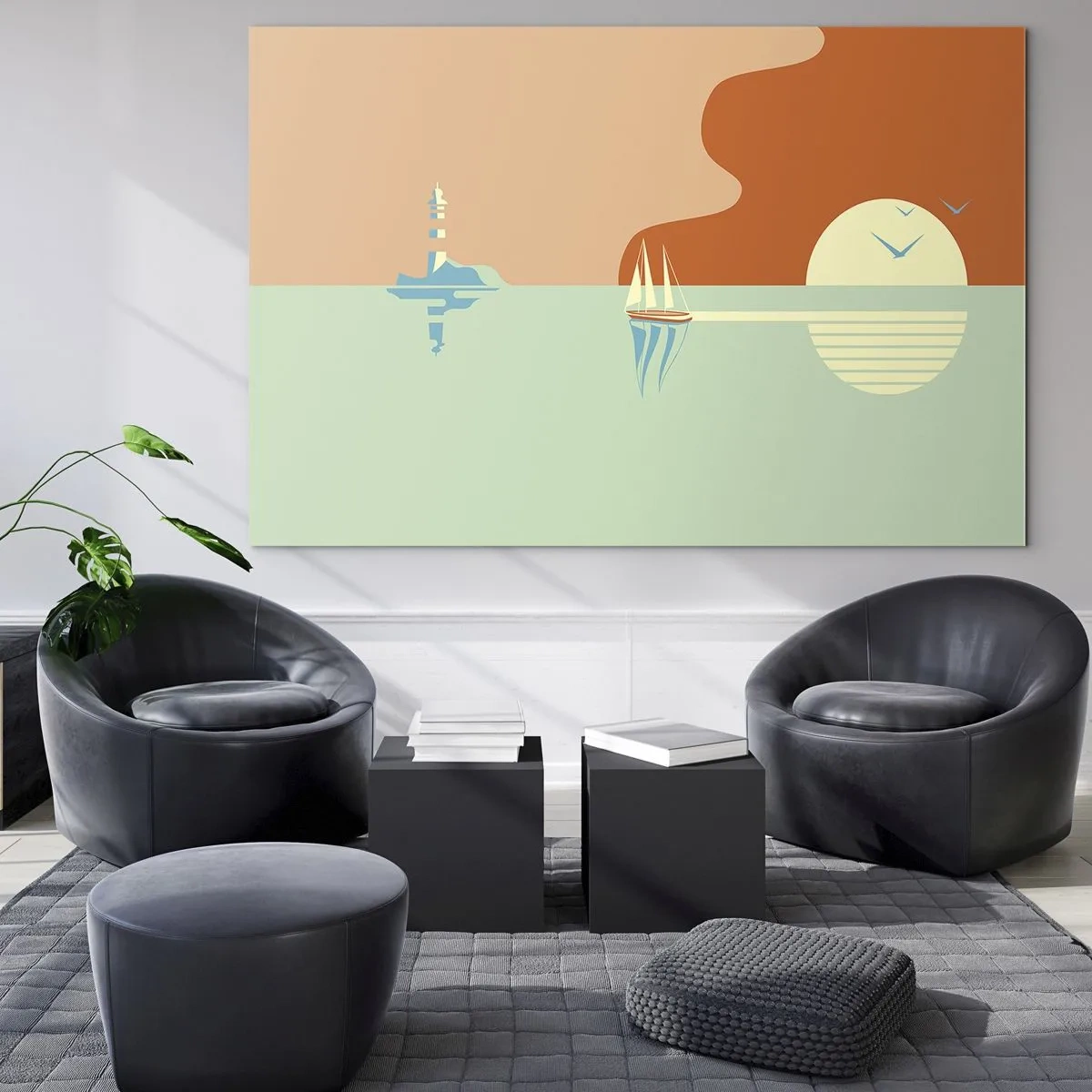 Glasbild - Bild auf glas - Ein minimalistischer Sonnenuntergang mit einem Segelboot und einem Leuchtturm - 120x80cm - Die perfekte Meereslandschaft - Moderne Wanddekoration für Wohnzimmer und Schlafzimmer ARTTOR