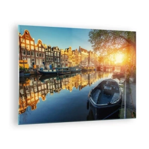 Glasbild - Bild auf glas - Amsterdamer Kanal bei Sonnenuntergang - 70x50cm - Morgen in Amsterdam - Moderne Wanddekoration für Wohnzimmer und Schlafzimmer ARTTOR