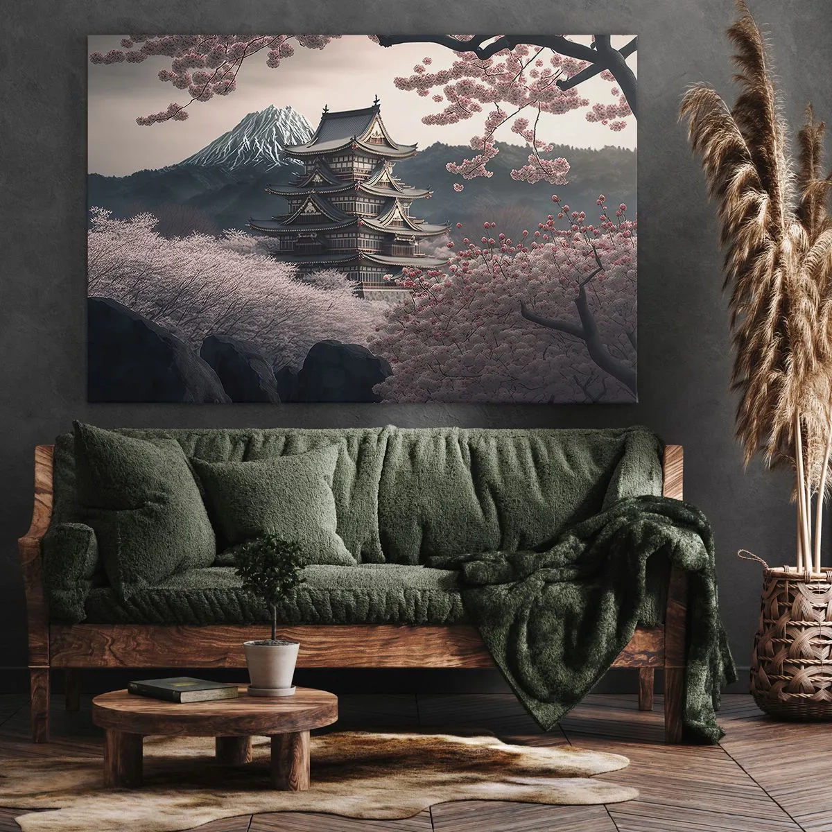 Bild auf Leinwand - Leinwandbild - Ein japanischer Tempel, umgeben von Kirschblüten und Bergen - 120x80cm - Land der Kirschblüten - Moderne Wanddekoration für Wohnzimmer und Schlafzimmer ARTTOR