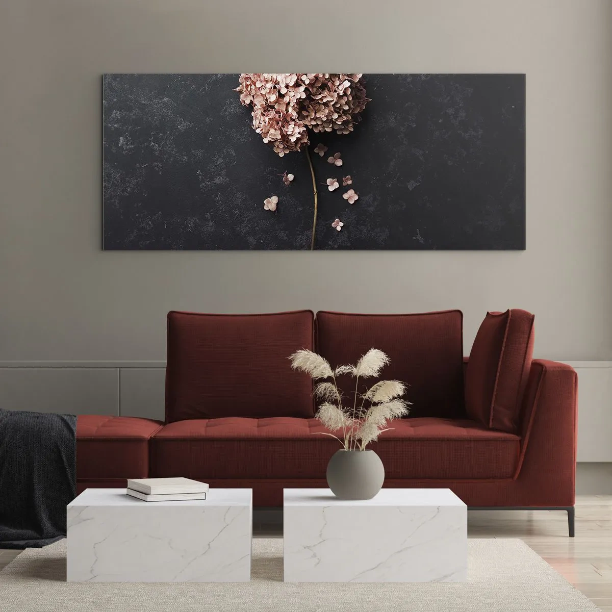 Glasbild - Bild auf glas - Eine zarte Hortensienblüte auf dunklem Hintergrund - 120x50cm - Wirklich romantisches Zeichen - Moderne Wanddekoration für Wohnzimmer und Schlafzimmer ARTTOR