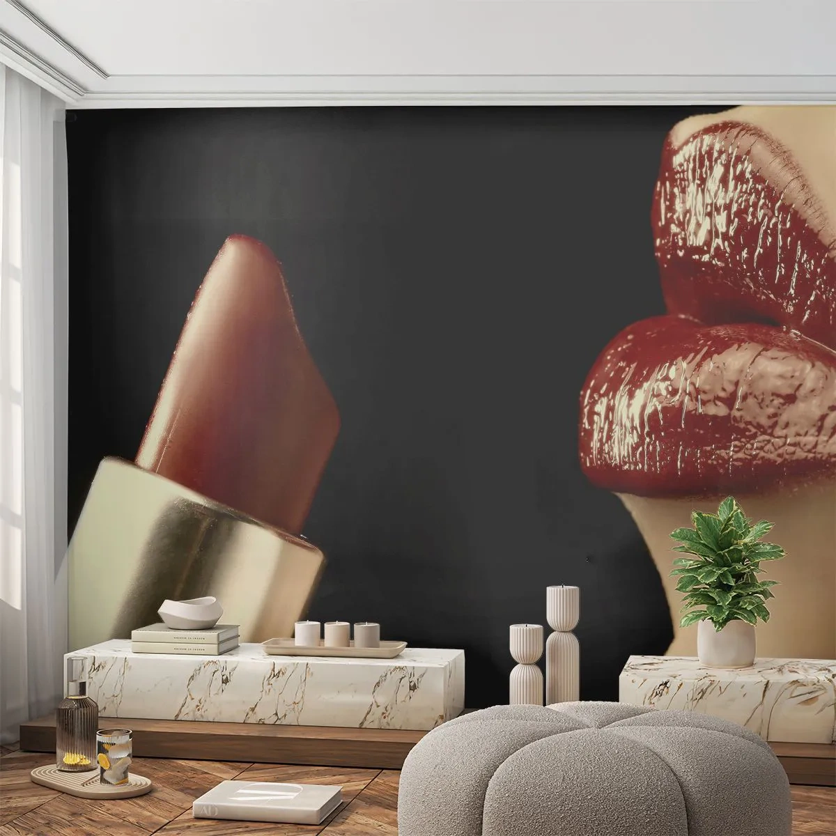 Fototapete Premium Sand - Sinnliche Lippen mit rotem Lippenstift auf schwarzem Hintergrund - 100x70cm - Sinnlichkeit und Brillanz von Karmin - Moderne Wanddekoration für Wohnzimmer und Schlafzimmer ARTTOR