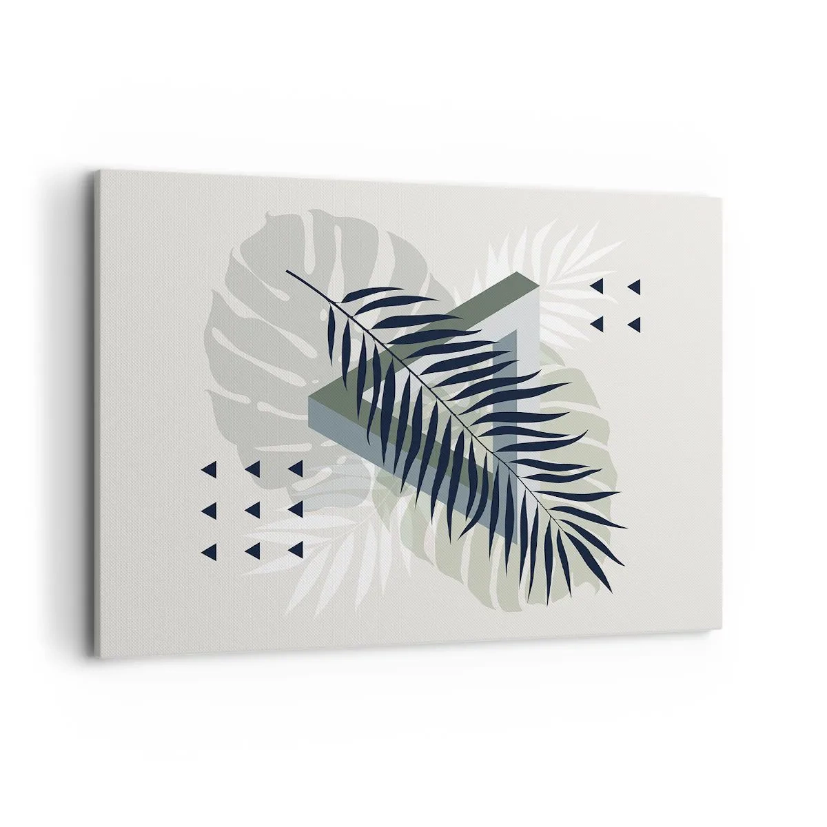 Bild auf Leinwand - Leinwandbild - Geometrische Komposition mit tropischen Blättern in Grüntönen - 100x70cm - Natur und Geometrie – zwei Ordnungen? - Moderne Wanddekoration für Wohnzimmer und Schlafzimmer ARTTOR