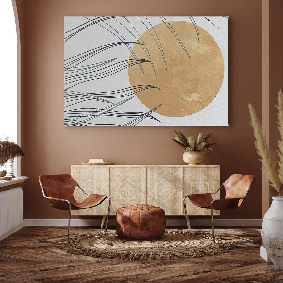 Bild auf Leinwand - Leinwandbild - Abstrakte Grashalme vor dem Hintergrund einer großen orangefarbenen Sonne - 100x70cm - Immer der Sonne entgegen - Moderne Wanddekoration für Wohnzimmer und Schlafzimmer ARTTOR